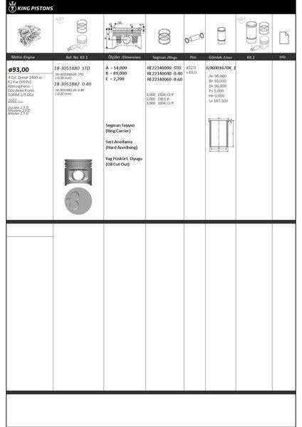 PİSTON KİTİ 1 (93+STD) FIAT-OPEL-RENAULT DUCATO 2....
