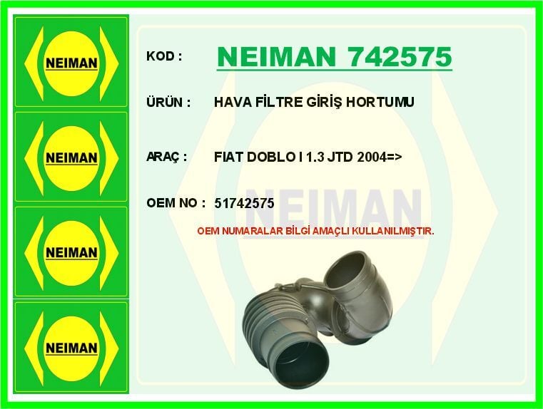 HAVA FİLTRE GİRİŞ HORTUMU FIAT DOBLO I 1.3 JTD 200...