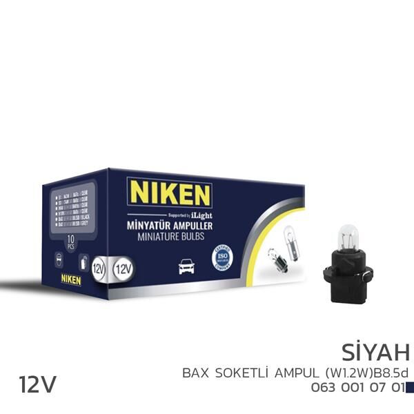 NIKEN 12V BAX SOKETLİ AMPUL(W1.2W)B8.5d SİYAH 10...